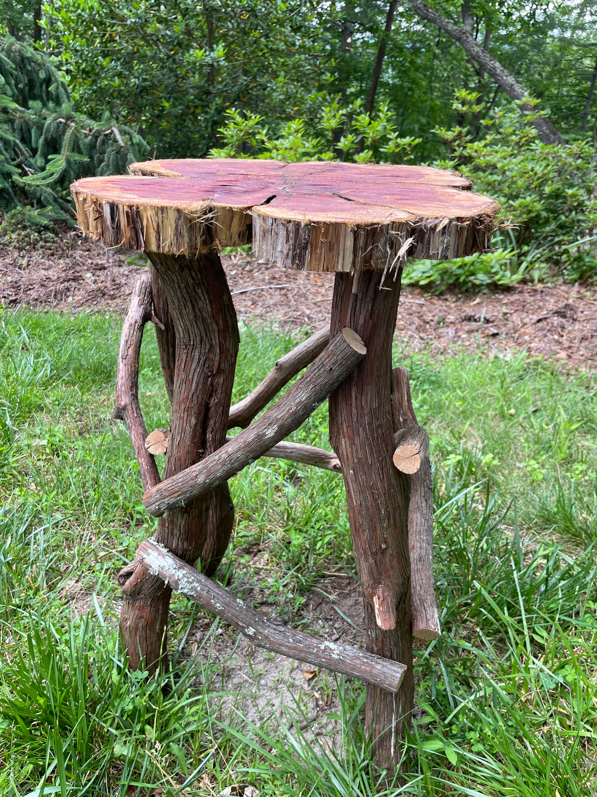 The side table pictured features a base made of rustic mountain laurel branches and a tabletop made from a cedar slab with a food-safe finish. 